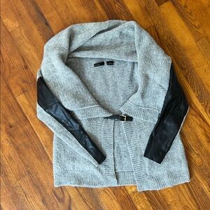 Gray Cardigan with Black Leather Accents